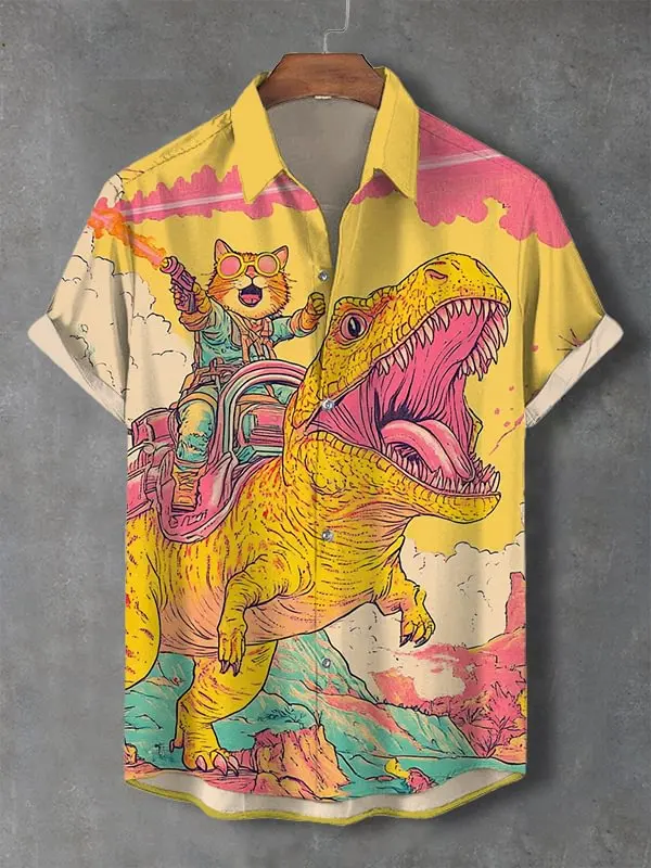Funny Men's Cat And Dinosaur Art Shirt 3D Print Anime Hawaiian Shirt Men Women Short Sleeve Lapel Blouse Oversized Y2k Beach Top