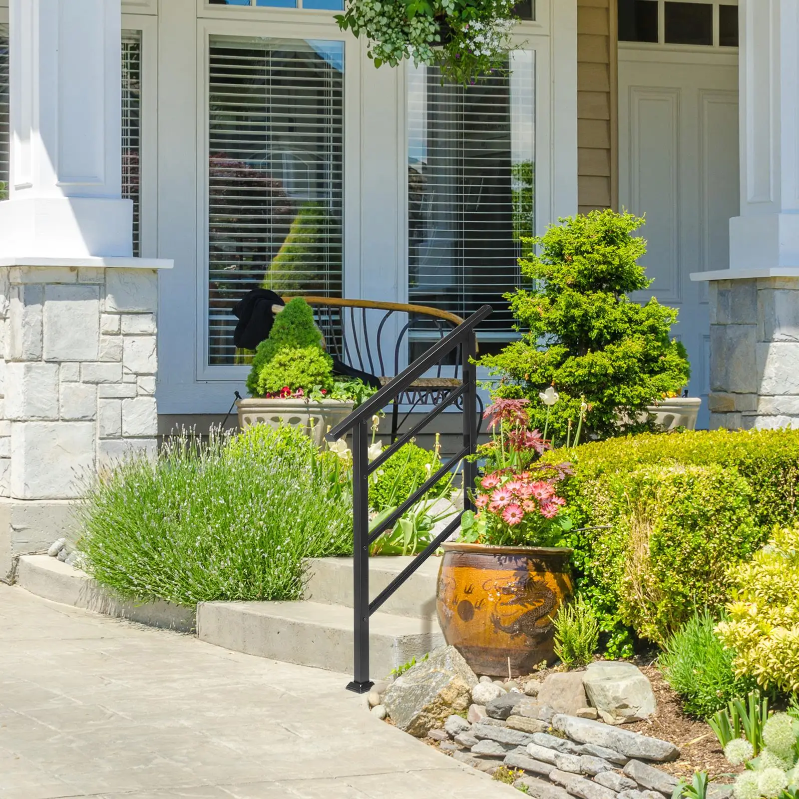 for outdoor Wrought Iron Handrails for 1-3 Steps, Easy Install Kit, Black Transitional Design