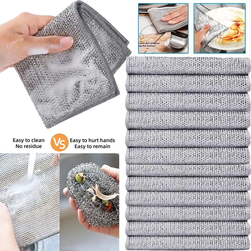 Chiffons en fil d'acier double face épais pour livres magiques, cuisine, vaisselle, pot, lavage, serviette, outils de nettoyage, gril, métal, 1,20 pièces