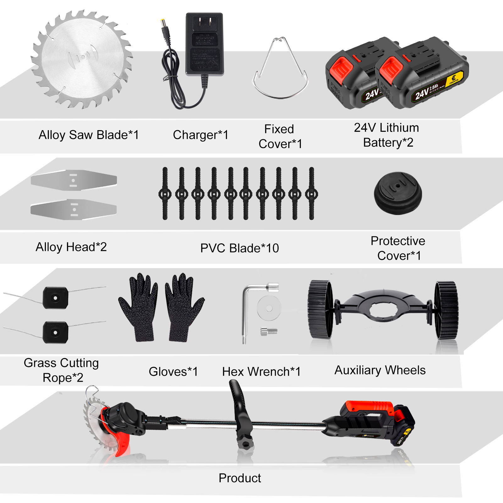 Conentool 24V Cordless Strimmer-tosaerba da giardino con batterie 2*2000mAh e 15 lame, tagliaerba