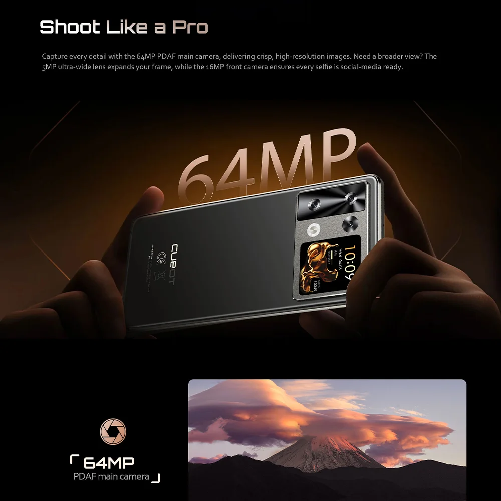 สมาร์ทโฟน Android 15 Cubot P90 หน้าจอ 6.88 นิ้ว 120Hz, RAM 24GB (ขยายได้ 12+12GB), ROM 256GB, โปรเซสเซอร์ G100 Octa-core 2.2GHz, กล้อง 64MP, แบตเตอรี่ 5100mAh, NFC, ลำโพงคู่, โทรศัพท์ 4G, smartphone android