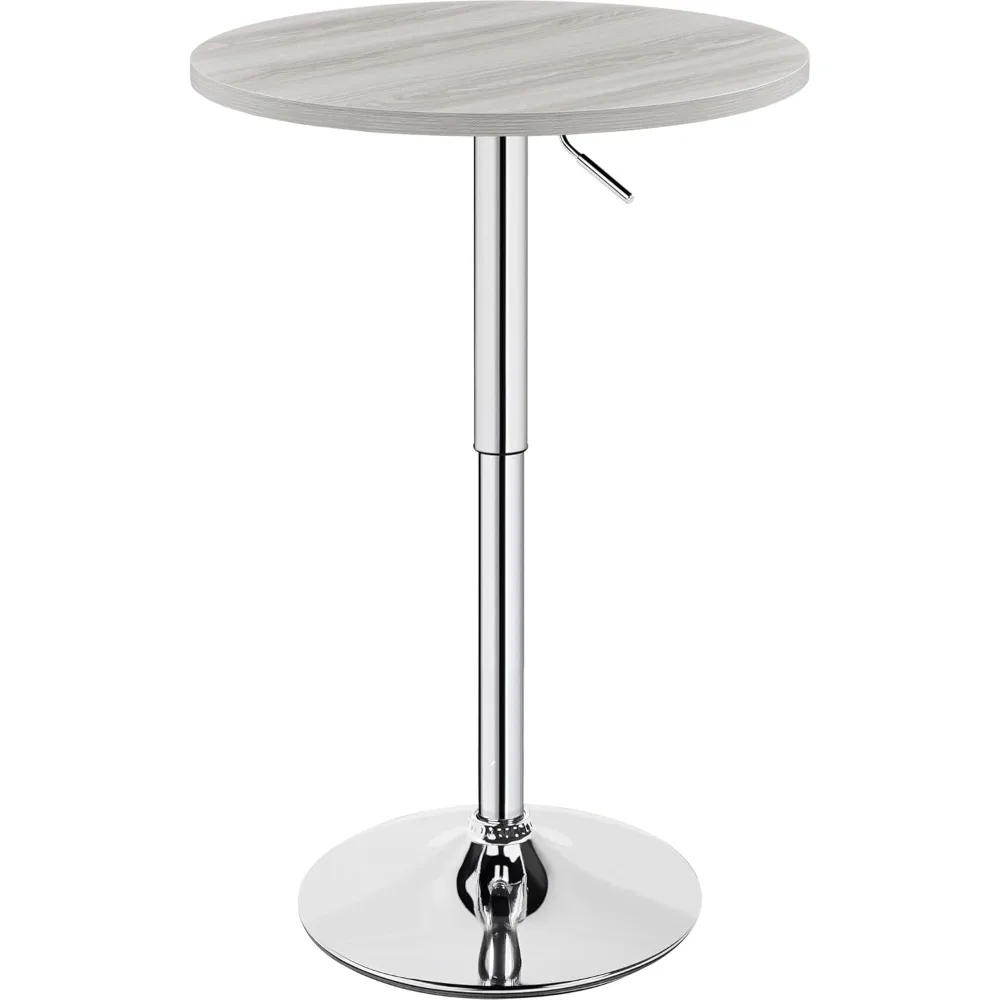 Round Bar Table, Adjustable Height and 360° Swivel Bar Tables, Cocktail Table with MDF Top, Silver Leg Base for Bar, Bistro