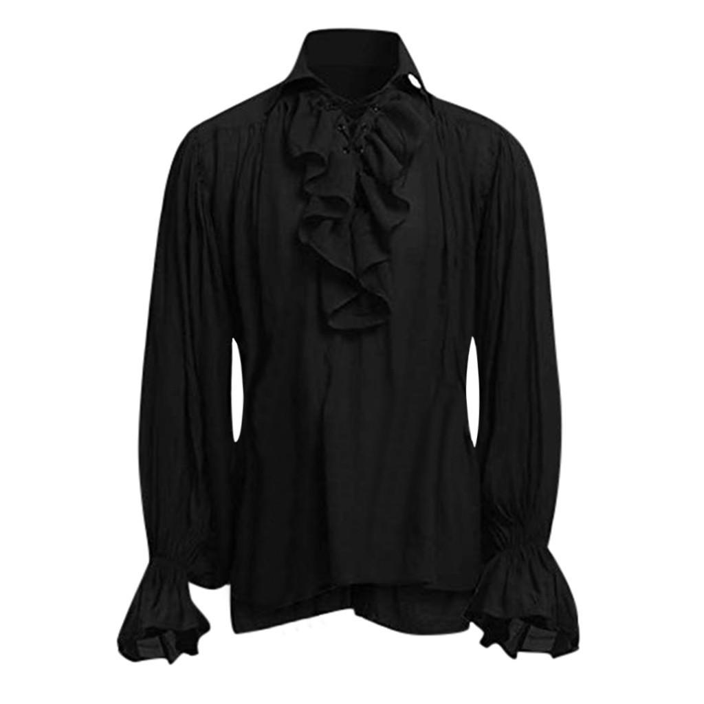 Camisas blancas góticas para hombre, blusa informal con manga acampanada y solapa con cordones Vintage, Camisas victorianas medievales para fiesta de Halloween