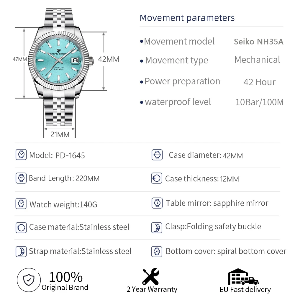 Nuevo PAGANI DESIGN PD-1645 V3 relojes mecánicos para hombres reloj automático de cristal de zafiro de negocios NH35 reloj de acero inoxidable para hombres