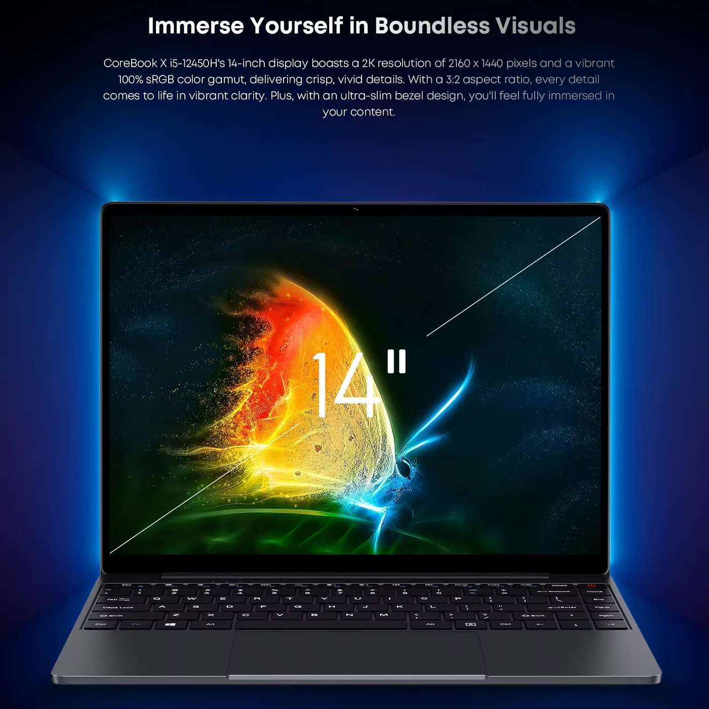 CHUWI CoreBook X Gaming Laptop 14 Polegadas 2160*1440 Intel Core i5-12450H 16GB DDR4 512GB SSD Teclado Retroiluminado Windows 11 WiFi 6 BT5.2 46.2Wh Bateria