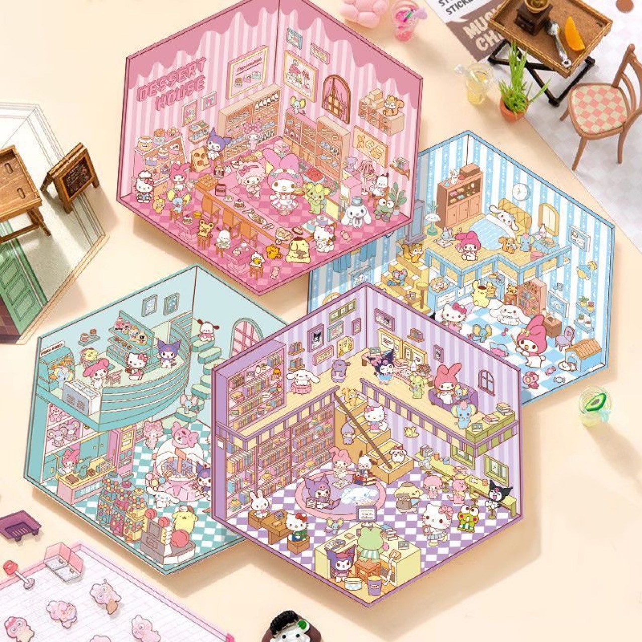 1set Cartoon Sanrio Hello Kitty 3D Stickers DIY Three-dimensional Cabin Scene Stacking Pasting Hand Account Sticker Kids Toys