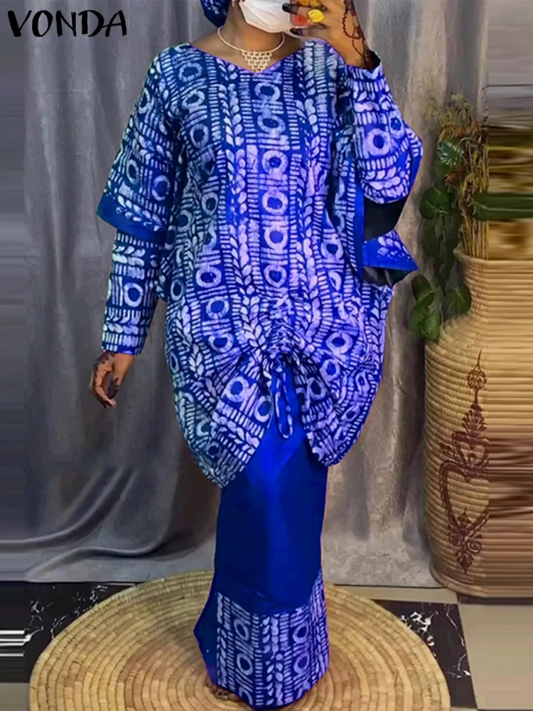 Vonda-女性用の長袖トップとハーフスカートのセット,プリントされた衣装,ボヘミアン,エレガントな2ピースのセット,ルーズフィット,カジュアル,ラージサイズ,5xl,2024