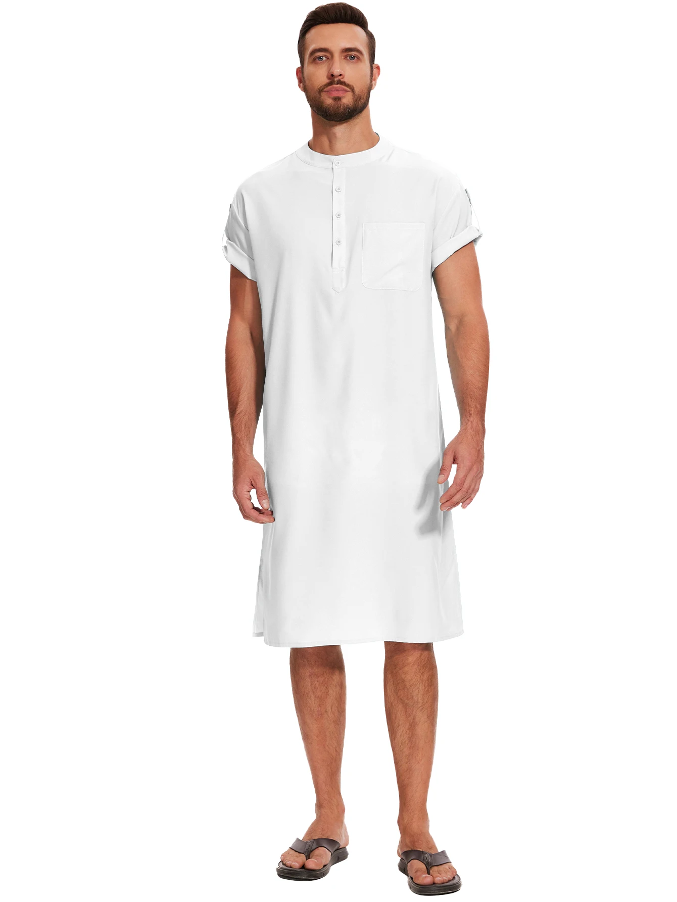 Masculino muçulmano thobe manga curta roupões abaya casual masculino islâmico árabe kaftan para homens vestido saudita masculino árabe thobe marroquino robe