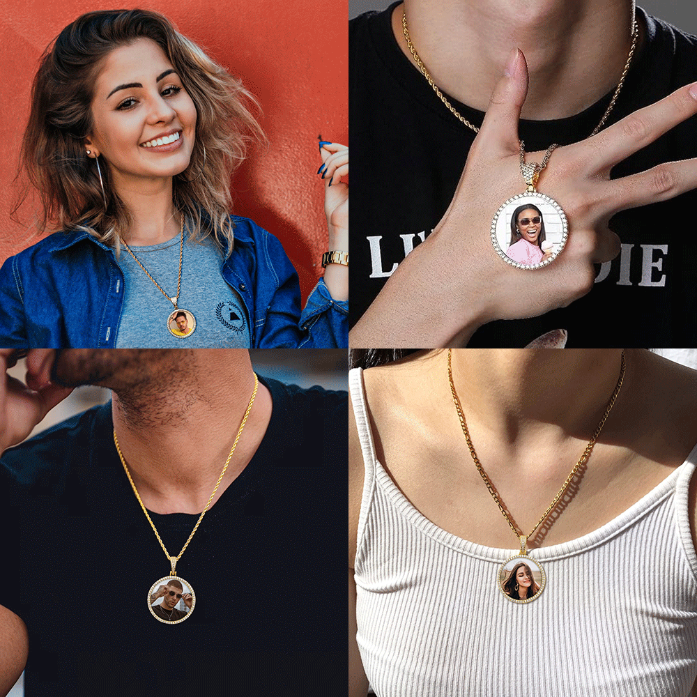 Colares com pingente de imagem personalizada, joias de hip hop, corrente circular personalizada, medalha de memória, pingente, presentes de natal