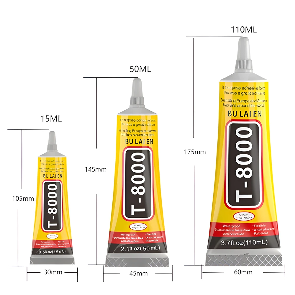 15/50/110ML T8000 กาวล้างซ่อมโทรศัพท์เครื่องประดับหัตถกรรมเส้นใยส่วนประกอบอิเล็กทรอนิกส์กาว T-8000 Sealant