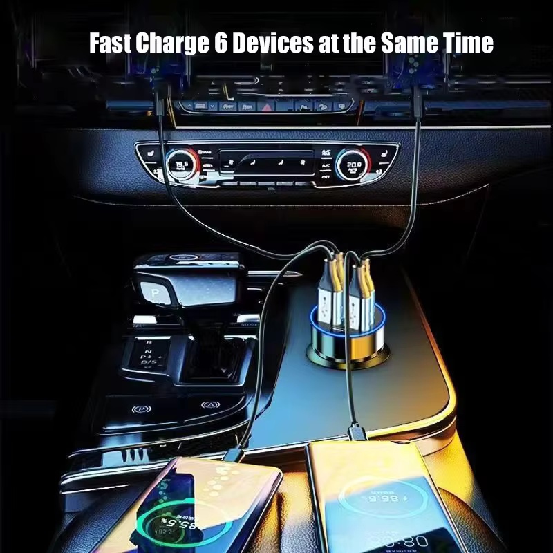 100W 6 Ports Car charger Fast charging PD Qc3.0 USB C Car Phone charger Type C Adapter in Car For iPhone Samsung Huawei Xiaomi