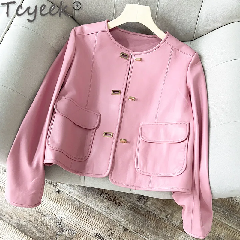 Tcyeek Echtes Lederjacke Damen 2024, echte Schaffellmäntel, Damenbekleidung, Frühling und Herbst, Motorradjacken, Дуб::ка Ж 1897