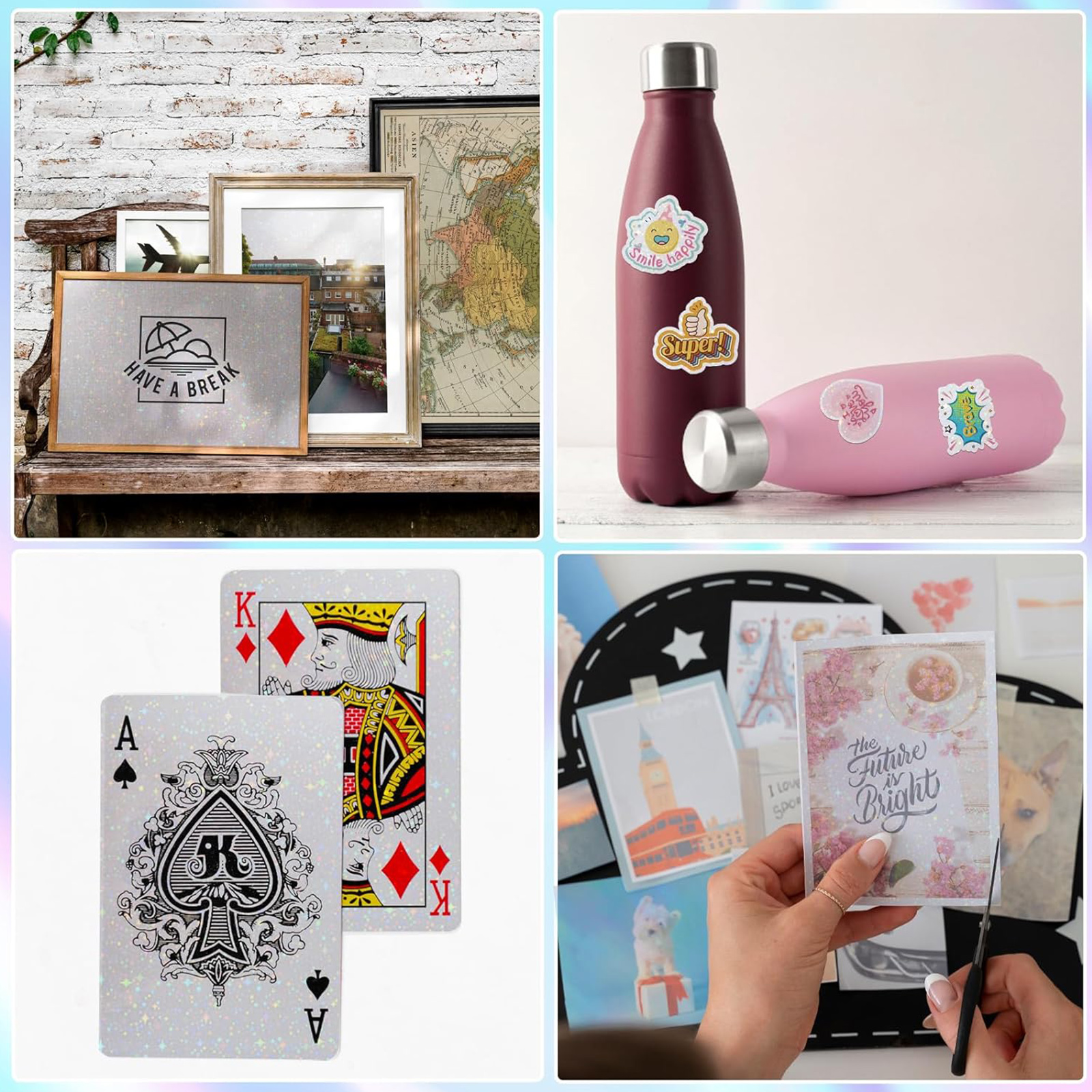 20 Sheets Holographic Sticker Paper A4 Clear Vinyl Self Adhesive Waterproof Transparent Laminating Sheets 11.7 x 8.3 Inch 5 Styl