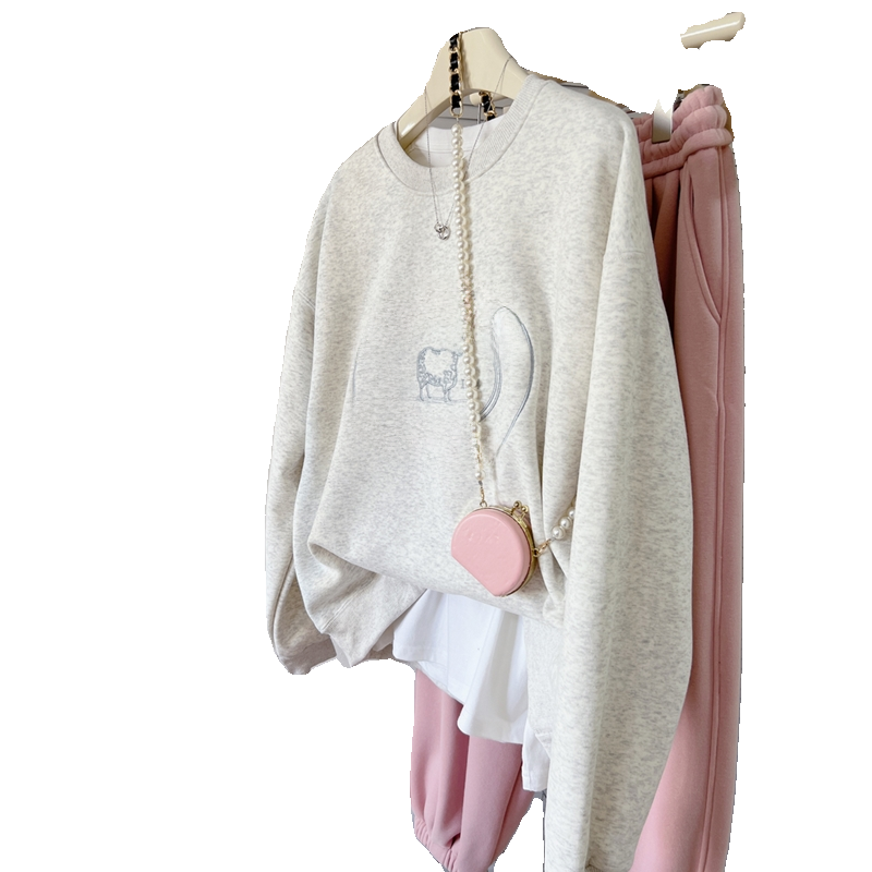 Ins Sle Women's Fleece Lined Letter Embroidered Loose Sweatshirt Thickened Autumn Winter New Arrival Korean Version Casual Top