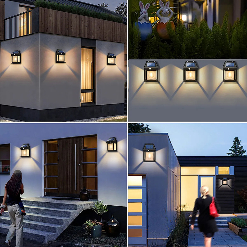 Lâmpada noturna solar de tungstênio, sensor de movimento inteligente, lâmpada de parede, 3 modos de iluminação, à prova d'água, pátio, decoração de jardim