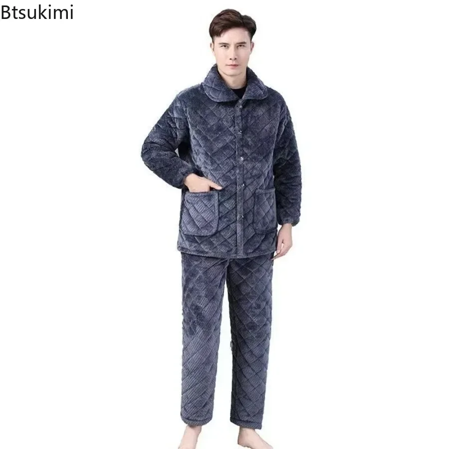 Conjunto de pijama grueso de tres capas para hombre, ropa de dormir cálida de lana Coral acogedora para el hogar, acolchado de algodón, dos piezas, novedad de invierno