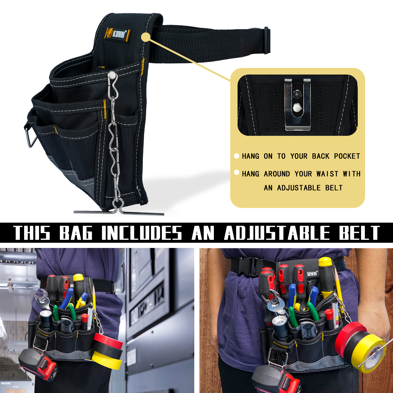 KUNN gereedschapstas voor elektriciens, 1680D duurzame gereedschapstassen met riemclip, professioneel elektricienzakje voor onderhoudsbeurder