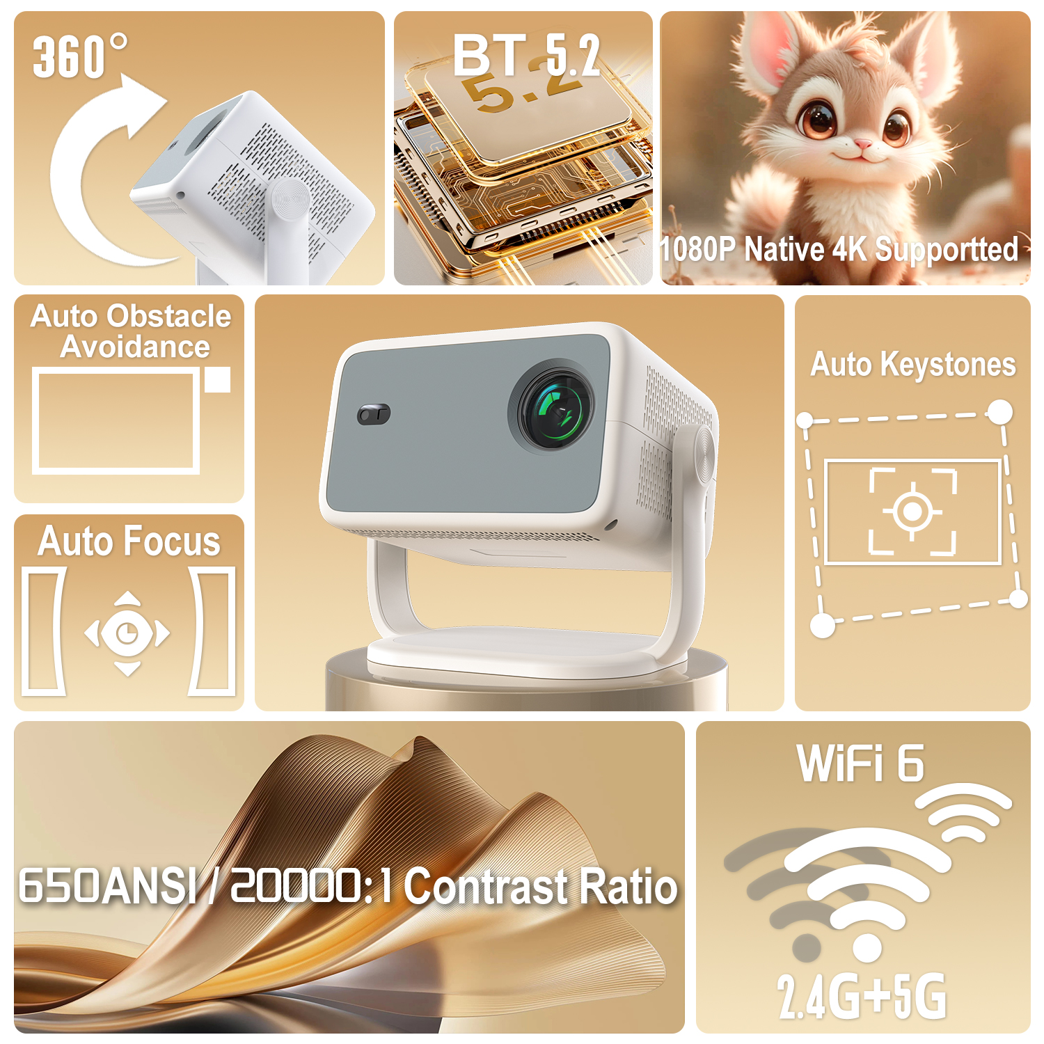 Velec Projector Compatible with Netflix  Android 13 4K Native 1080P 650ANSI With Auto Focus Wifi6 BT5.2 Home Outdoor Projector