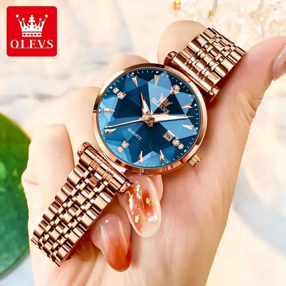 OLEVS 5536 reloj de cuarzo para mujer, moda de lujo, espejo rombo, oro rosa, acero inoxidable, resistente al agua, luminoso, reloj de pulsera para mujer