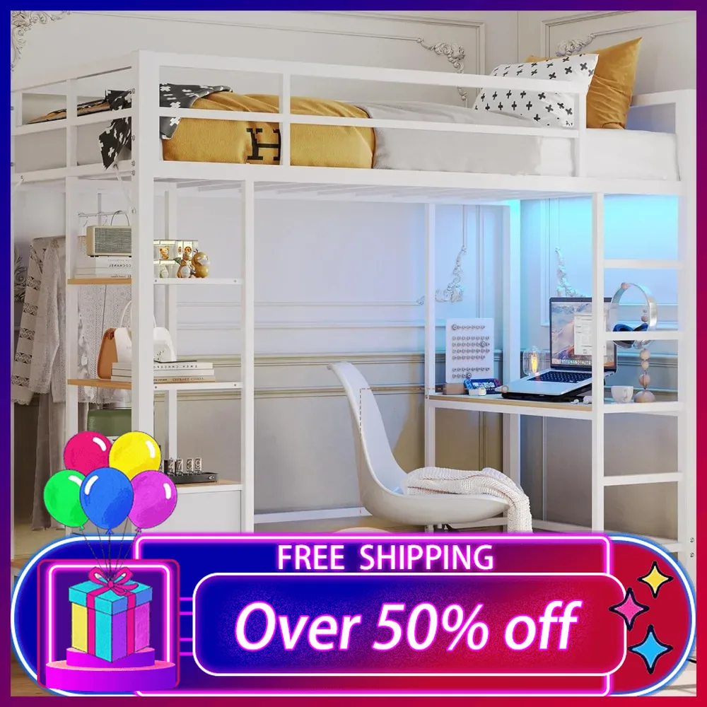 Metal Loft Bed with Desk and Charging Station with Led Lights,Storage Shelves and Drawers Twin Size Bed with Clothes Rail&Ladder