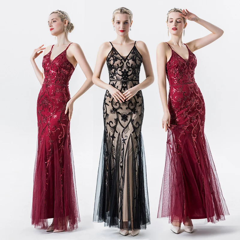 Vestidos de fiesta con lentejuelas, falda de cola de pez elegante, malla Sexy, vestido Halter, banquete, boda europea y americana, largo