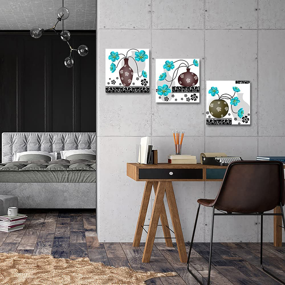 5D DIY Lukisan Berlian Abstrak Bunga Biru Kit Jahit Silang Bor Penuh Mosaik Bordir Putih dan Biru Masih Hidup Triptych