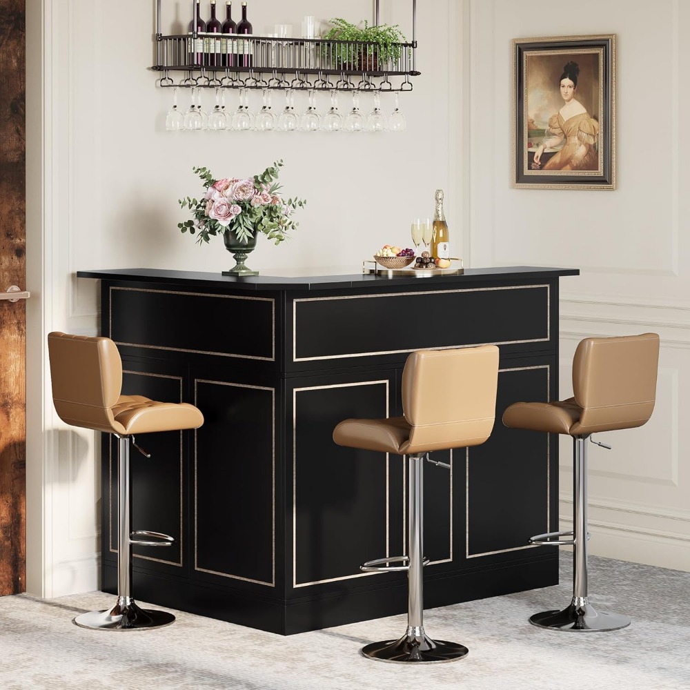 Bar Cabinet,L-Shaped Home Bar Table w/ Stemware Racks,4-Tier Corner Bar Unit Liquor Wine Bars Table Reception Desk for Home Pub