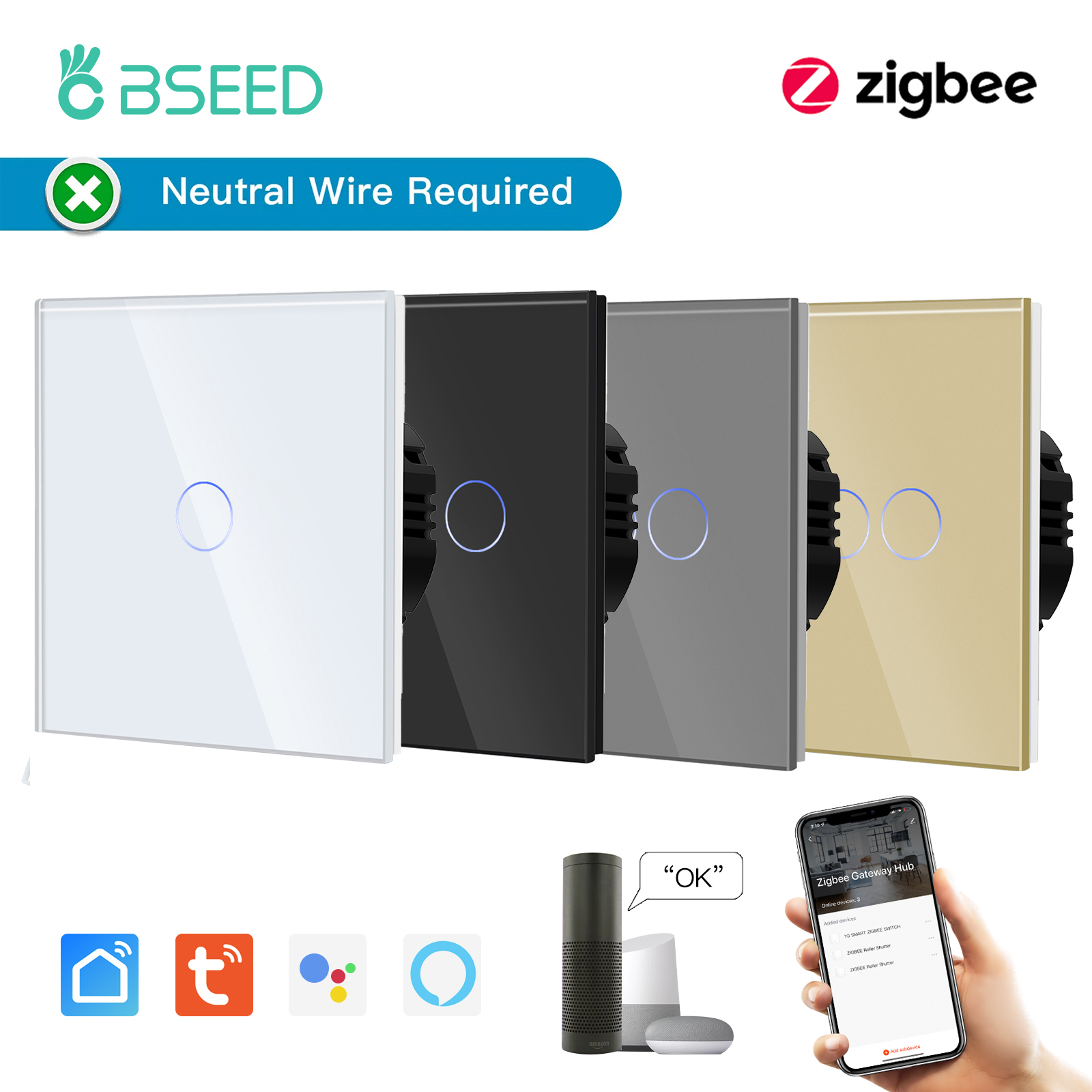 BSEED Zigbee 1/2/3Gang сенсорные выключатели умный настенный выключатель Tuya Google Smart Life Alexa управление приложением стеклянная панель без нейтрали