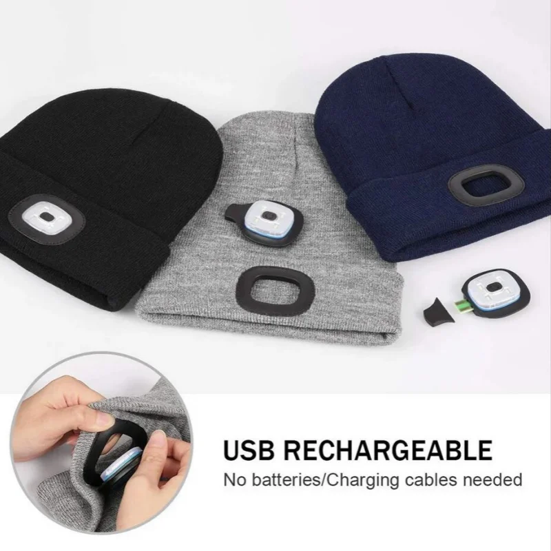 USB 충전식 핸즈프리 4 LED 헤드램프 캡, 겨울 니트 야간 조명 모자 손전등, 여성 남성, 아빠, 남편 선물