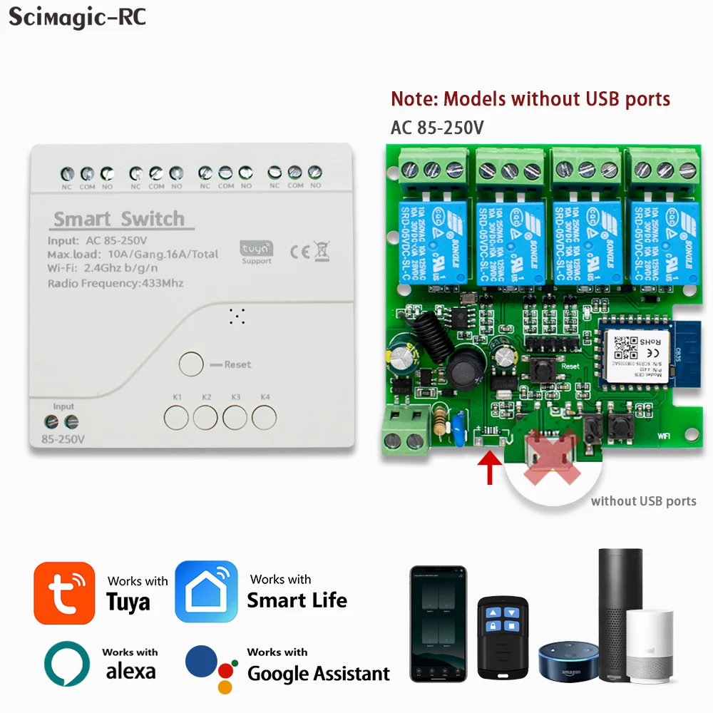 Módulo de interruptor wi-fi inteligente tuya, 12v 32v 220v rf 433, controle remoto de rádio, relé de 1/2/4 canais para alexa, google home, vida inteligente