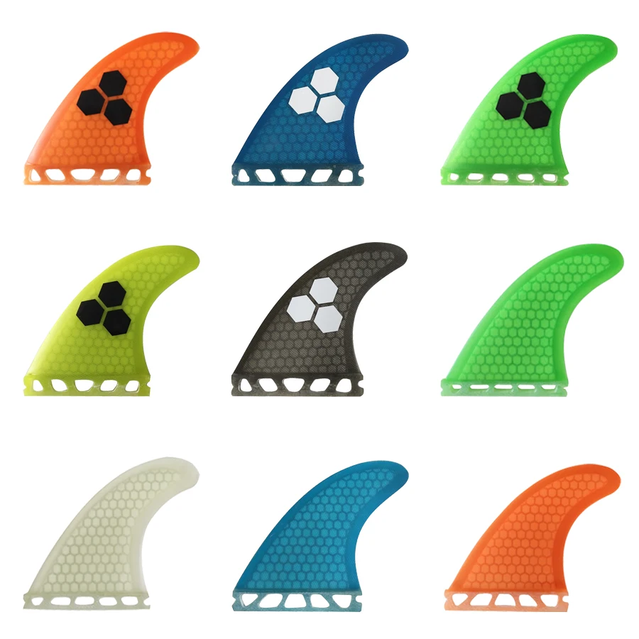 Juego de tres aletas de una sola pestaña, aletas de surf S/M/L, aleta de tabla de surf naranja/amarillo/azul/gris/verde con logotipo negro de fibra de panal
