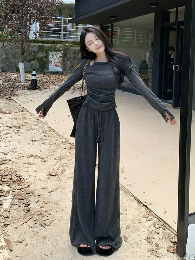 Fashionable High Waist Wide Leg Pants And Long Sleeve T-Shirt Set Casual Sle Pleated Design Early Spring Women's Outfit