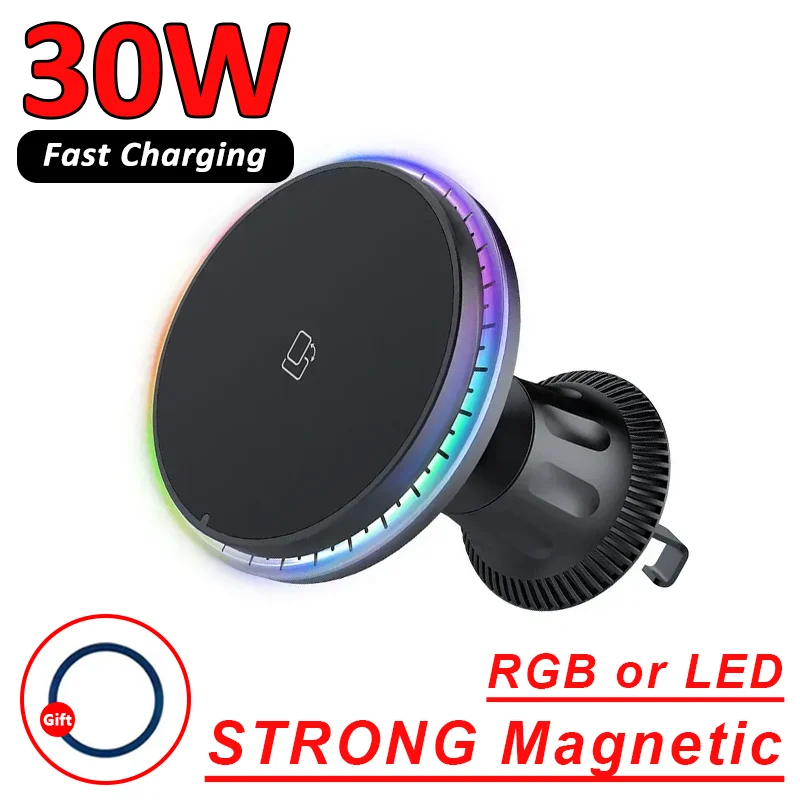 Cargador inalámbrico magnético para coche, 30W, RGB, para iPhone 12, 13, 14, 15 Pro Max, Macsafe, soporte para teléfono de coche, estación de carga rápida