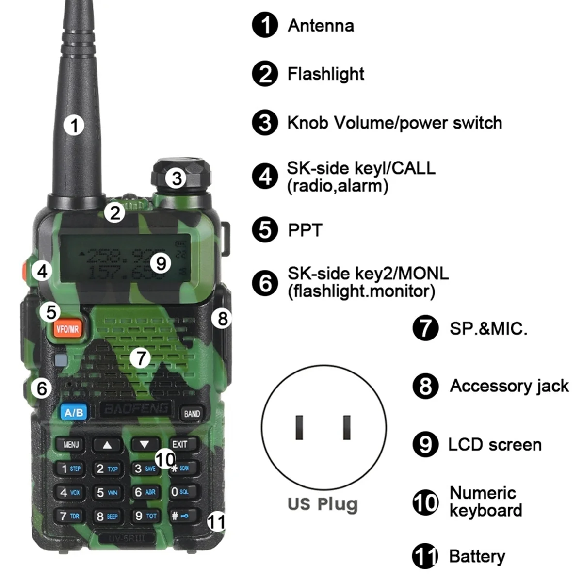 UV5R Walkie Talkie 5W Dual Band Ham Rádio em dois sentidos Vhf Uhf Rádio FM Transceptor portátil externo com plugue americano