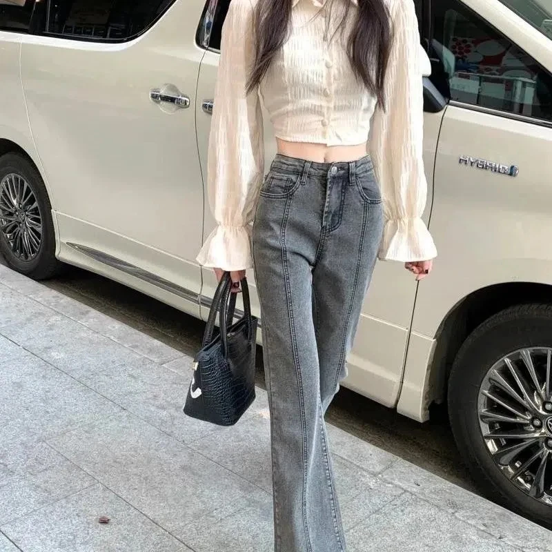 Vintage High Taille Flare Jeans High Street Frauen Boot Cut Jeans hose schlanke lose koreanische lässige Button-up-Reiß verschlüsse graue Hose