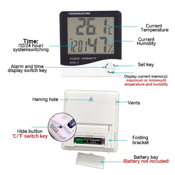 HTC-1 HTC-2 LCD Digital Electronic Hygrometer Home Smart Electric Digital Hygrometer Weather Station Clock Outdoor Thermometer
