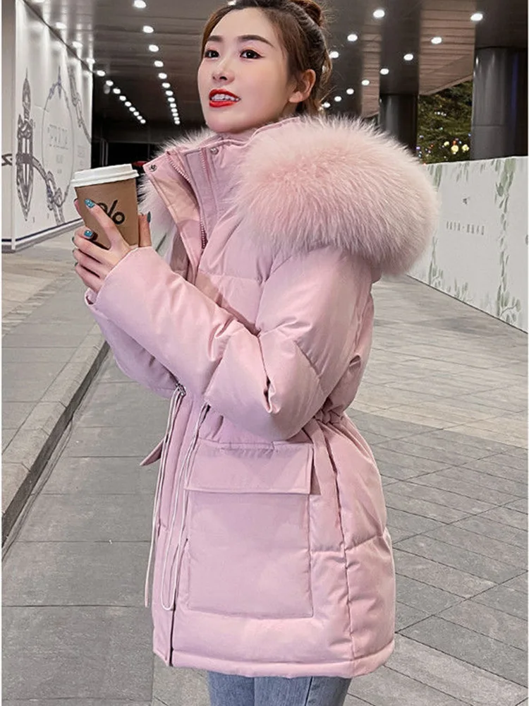Hiver mince rose rembourré manteau fausse fourrure col à capuche Parkas coréen grande taille coton Jaqueta taille cordon Midi longueur vestes