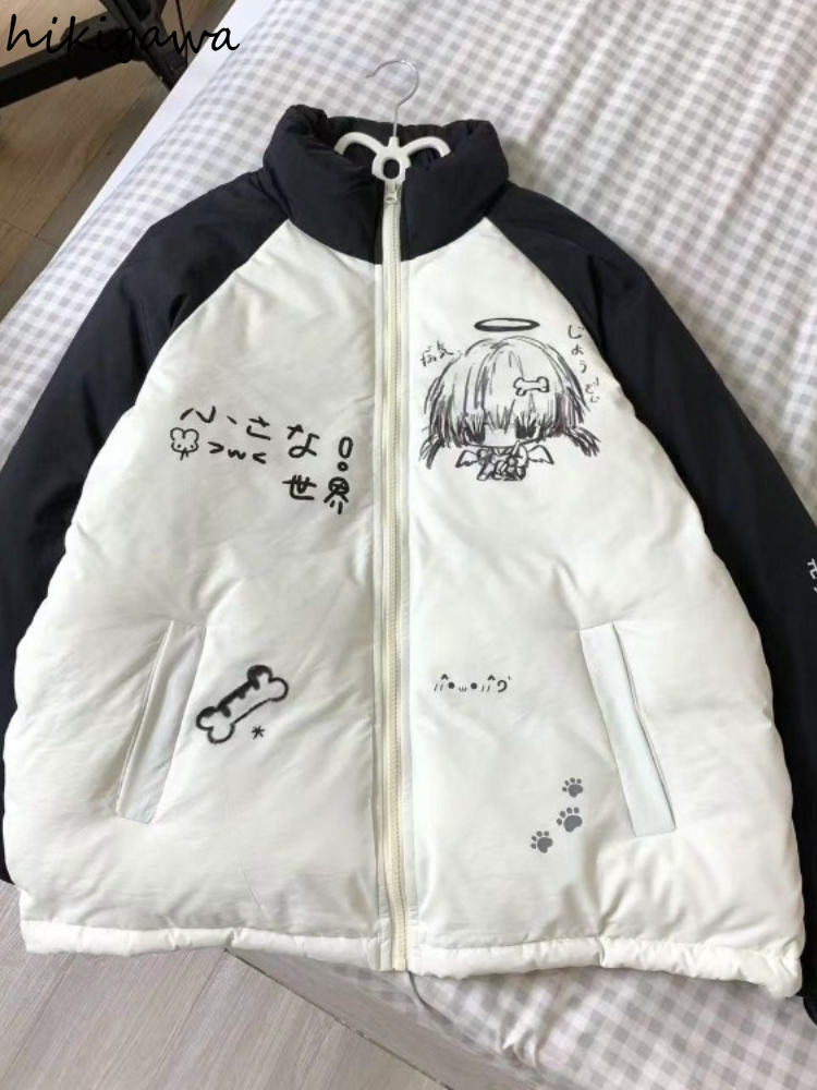 Koreanische Parkas 2024 Winter Kleidung Patchwork Cartoon Print Mäntel Zipper Stehen Neck Casual Jacken Dicke Warme Y2k Tops Ropa Mujer