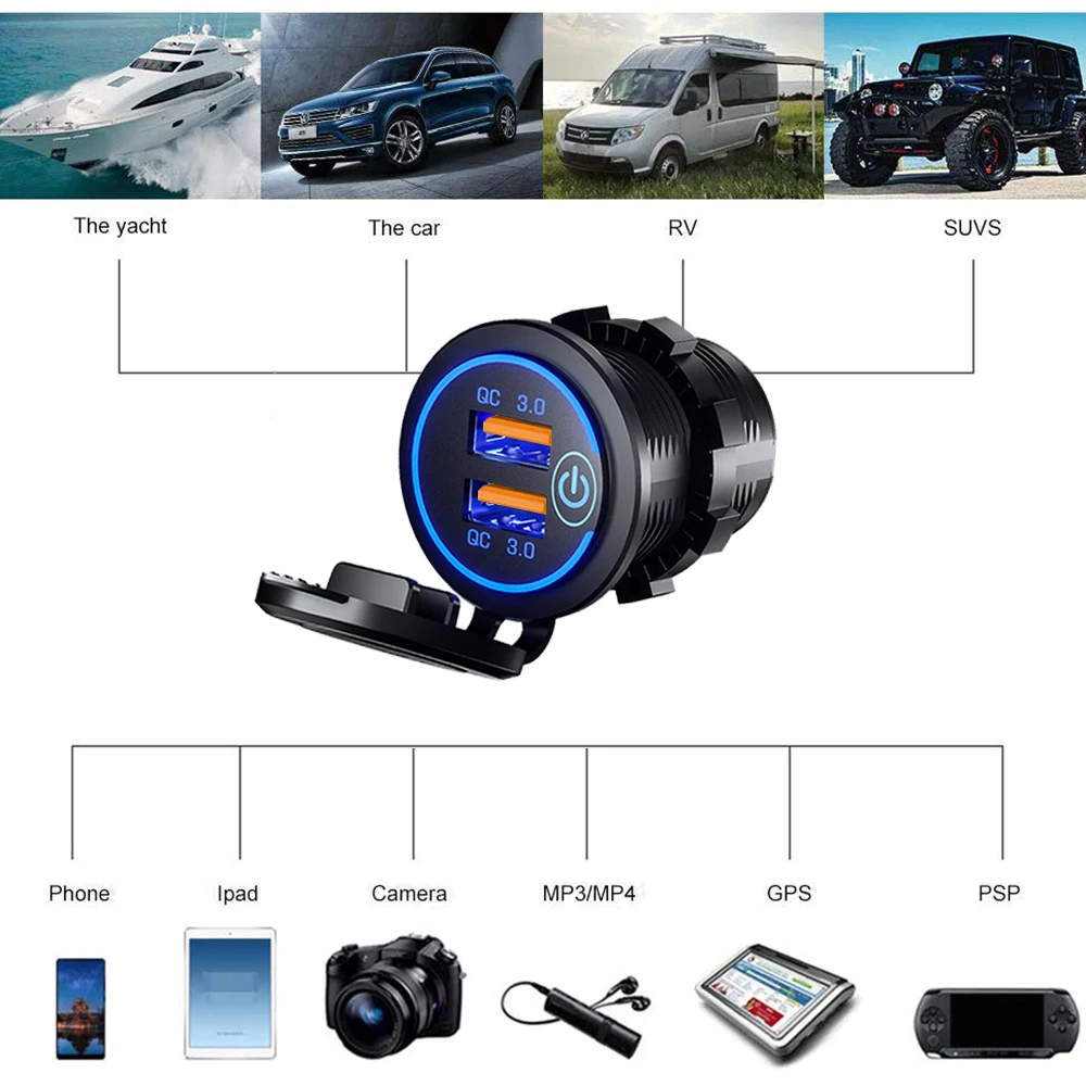 Cargador de coche rápido USB Dual Quick Charge 3,0, toma de corriente de 60W resistente al agua de 12V/24V con Interruptor táctil y luz Led resistente al agua