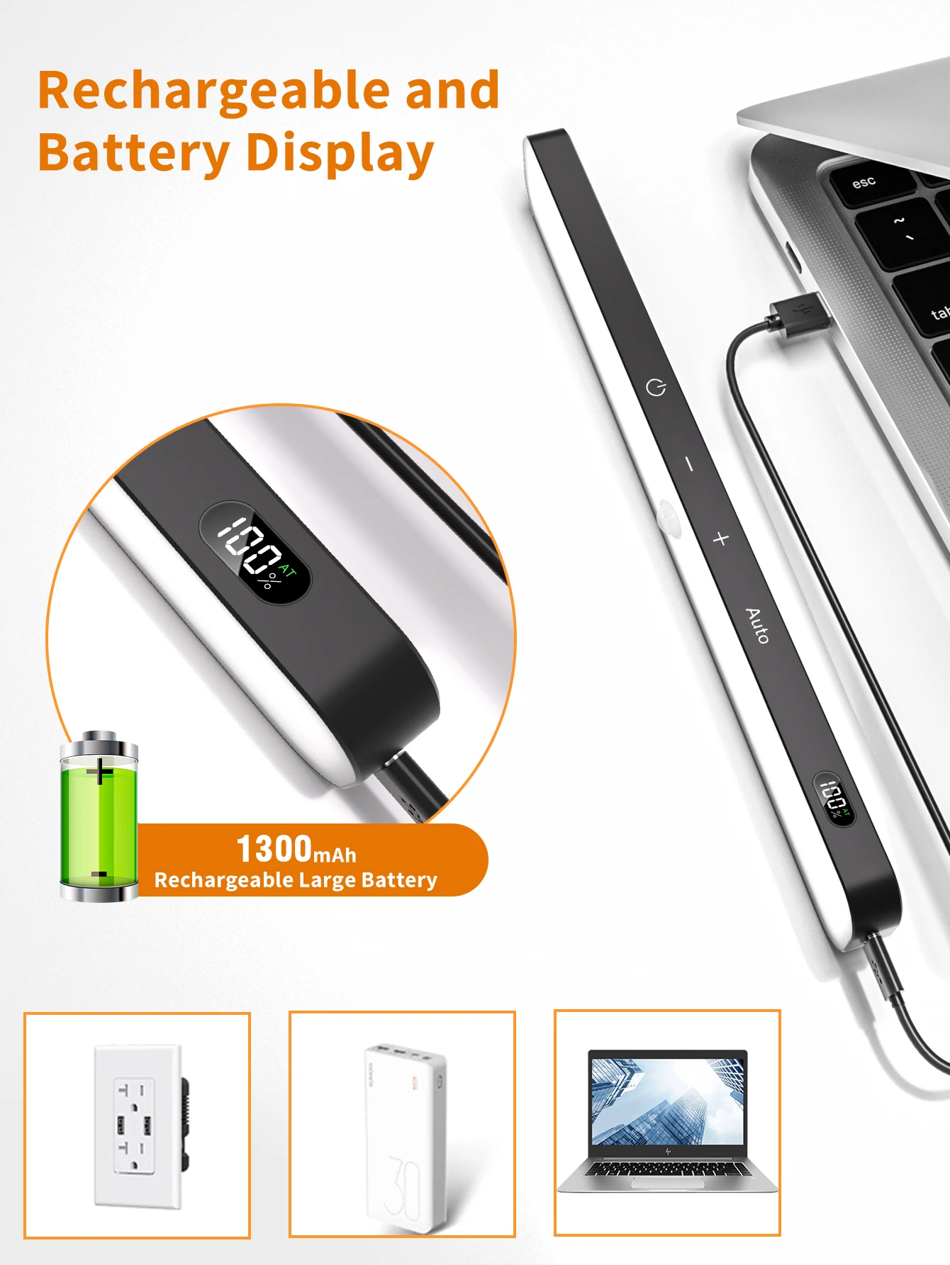 Armadietto con sensore di movimento WILLED Display a batteria a luce calda Barra luminosa touch a 60 LED Luce notturna con batteria ricaricabile wireless