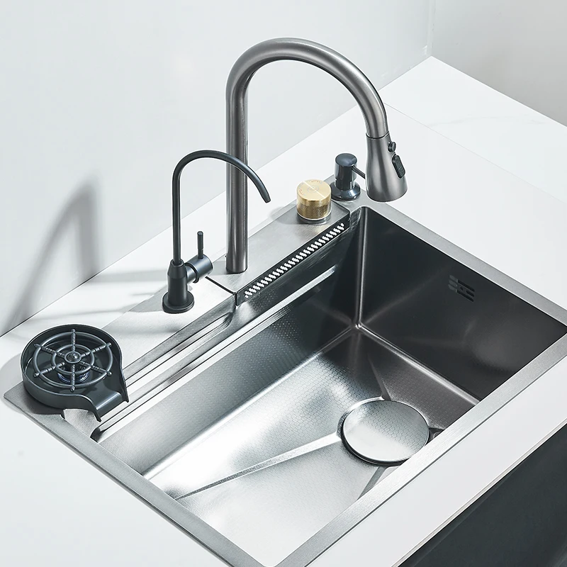 Évier de cuisine cascade en acier inoxydable 304, grand fente unique intégrée, ensemble de robinets 60x45cm, distributeur de savon/eau Pure/laveuse de tasses