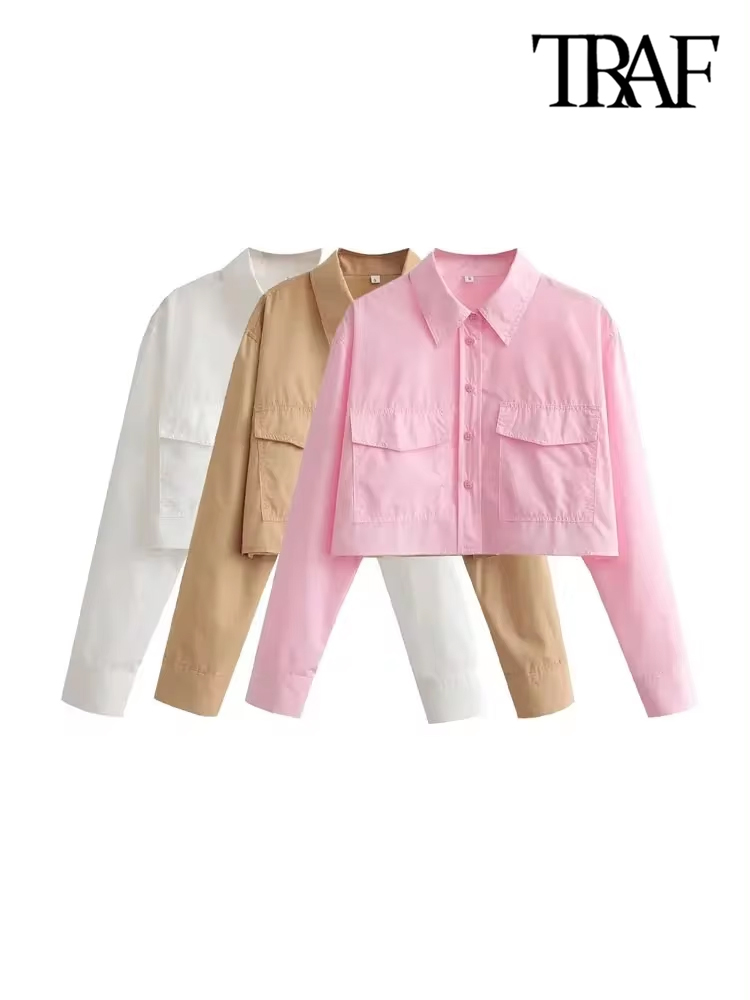 Traf moda feminina com bolsos solto recortado popeline camisas vintage manga longa botão-up blusas femininas blusas chiques