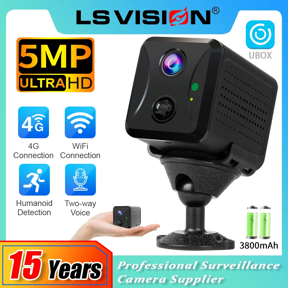 LS VISION 5MP 4G Sim Mini cámara Wifi 3800mAh batería CCTV cámara de seguridad intercomunicador PIR detección vigilancia IP cámara Ubox