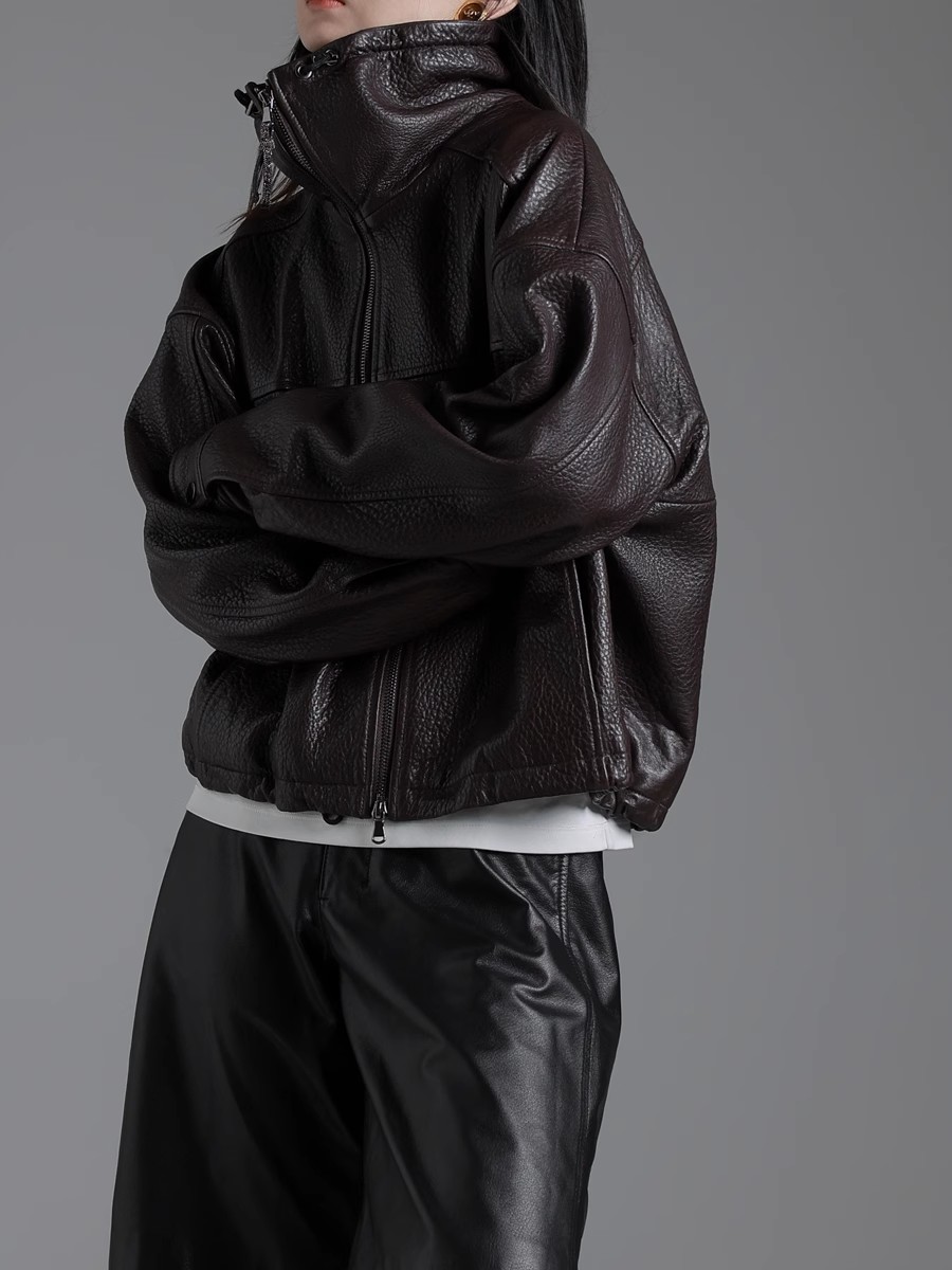 Lautaro Lente Herfst Cool Waterdichte Korte Bruine Pu Leren Jas Dames met Lange Raglanmouwen Zip Up Luxe Designer Kleding