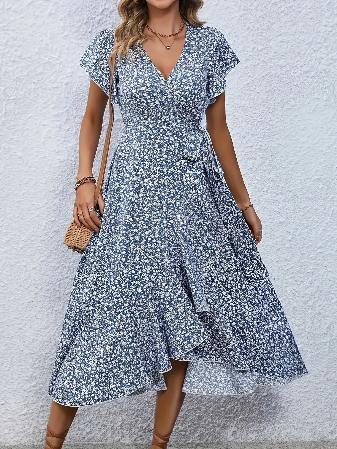 Plus Size 1XL-5XL Dames V-hals Bloemenprint Jurk Ademend Zomer Casual Elegante Jurk Verfijnde Stijl Lange Strandjurk