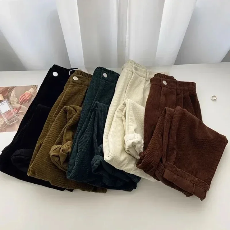 Retro High เอว Corduroy กางเกงผู้หญิงฤดูใบไม้ผลิฤดูใบไม้ร่วงตรง Causal ความยาวเต็มกางเกงเกาหลีแฟชั่น Baggy ทั้งหมดกางเกงสีดํา