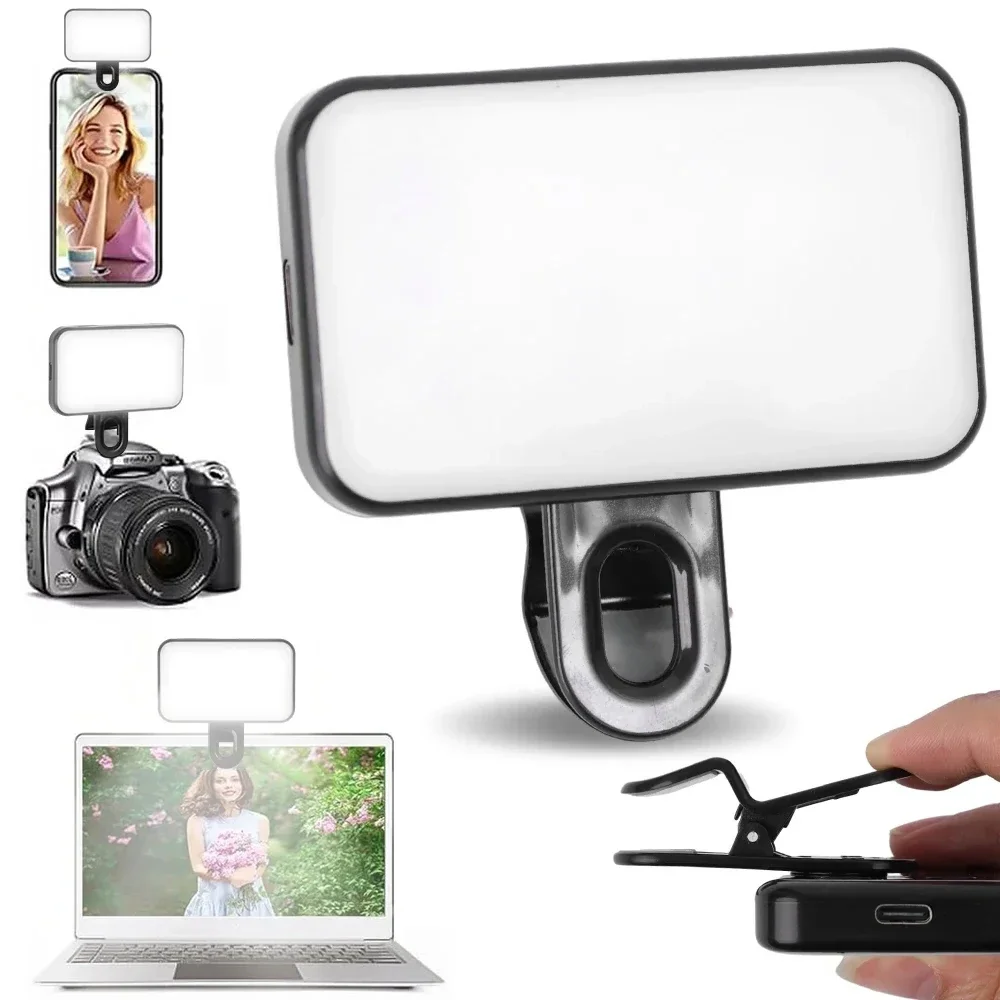 Mini-Selfie-Fülllicht, wiederaufladbar, einstellbare Helligkeit, zum Anklipsen, 3-Modus-LED-Licht für Handy, PC, Laptop, Clip-Fülllicht