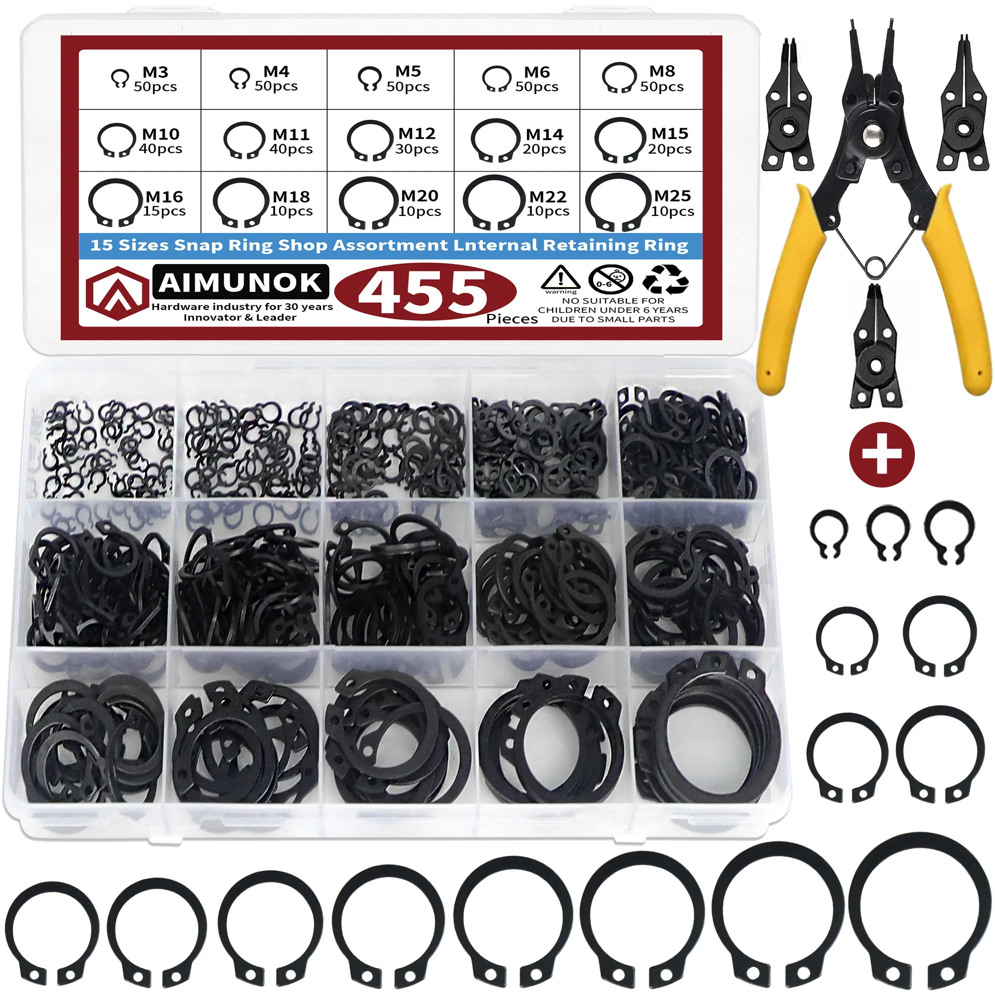 456 Uds M3 M4 M5 M6 M8 M10 M11 M12 M14 M15 M16 M18 M20 M22 M25 15 tamaños surtido de anillos a presión herramientas de anillo de retención interno