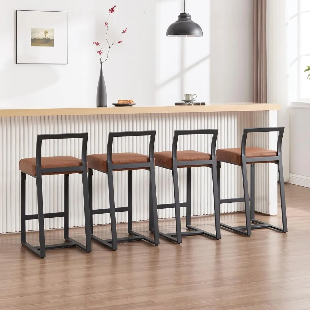 26’’ Modern Bar Stools Set of 2, Upholstered PU Leather Bar Chairs with Backrest Armless Counter Height Stools with Metal Frame