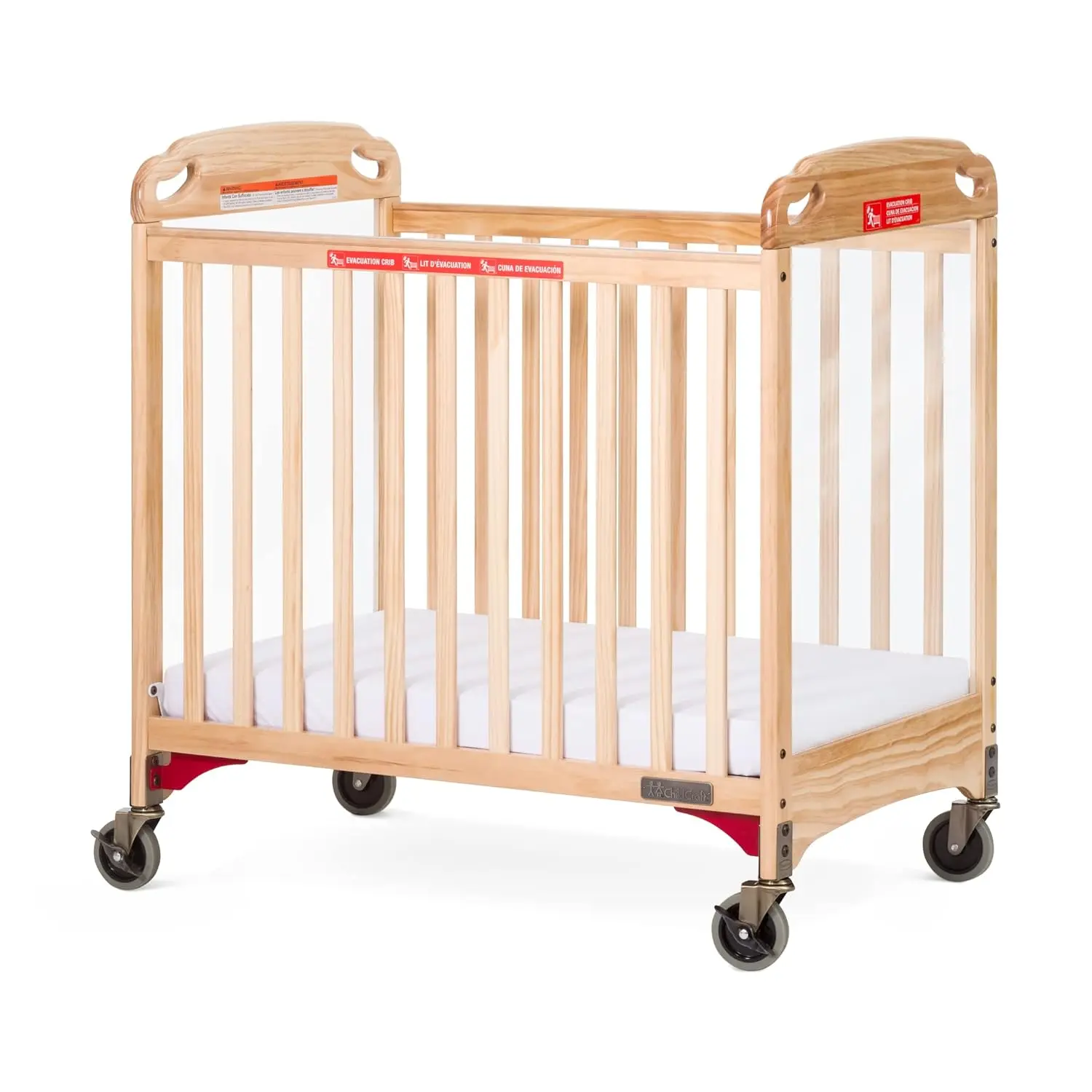 Safe Haven Daycare Evacuation Wooden Compact Portable Crib with 4" Casters, Features Clearview End Panels, Durable Wood